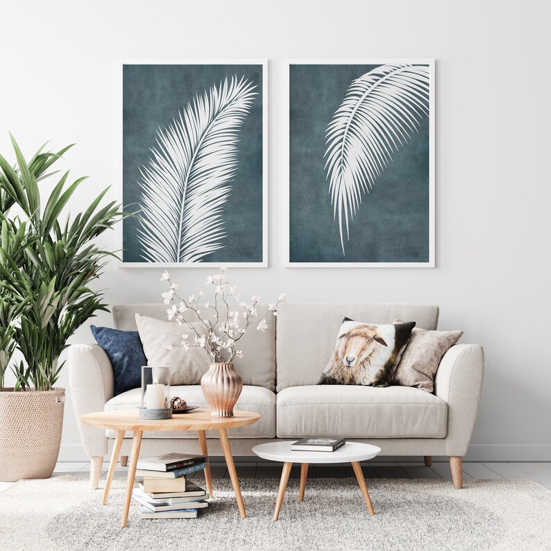 Blue Palm Leaf Wall Art Print Set of 2 Tropical Wall Art Etsy