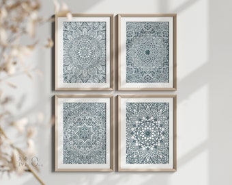 Boho Bedroom Wall Art Decor, Blue Spiritual Poster, Mandala Printable Set of 4, Delicate Bohemian Gallery Wall