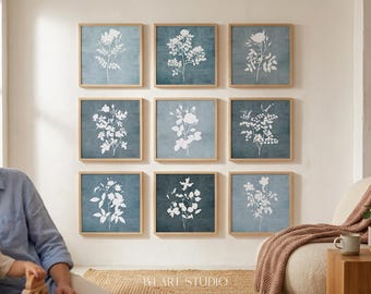 Blue Floral Wall Art Set of 9: Botanical Gallery Prints, Square Poster Printing