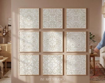 Talavera Tile Wall Art: Neutral Mexican Artwork, Square Print Set of 9