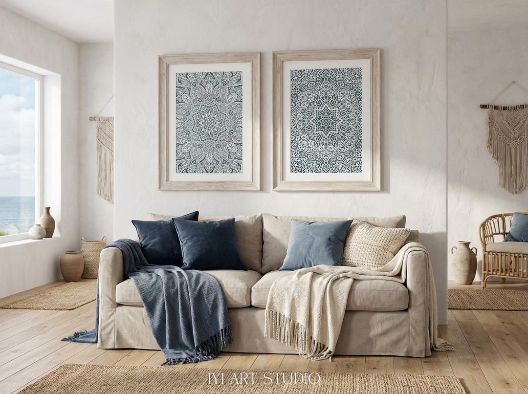 Blue Mandala Wall Art Set of 2: Spiritual Zen Decor for Bedroom Living ...