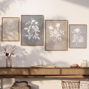 Wall Print Set of 4, Neutral Floral Wall Art, Botanical Digital Print, Neutral Wall Art Set of 4