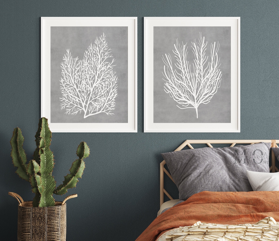 Coastal Style Wall Art Gray Sea Coral Print Set of 2 Etsy