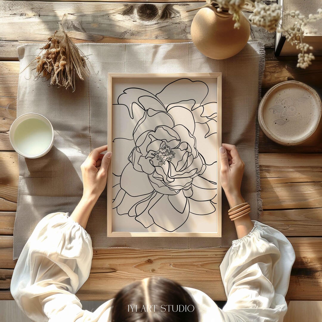 Minimalist Flower Line Art Print: Beige Botanical Wall Decor (digital ...