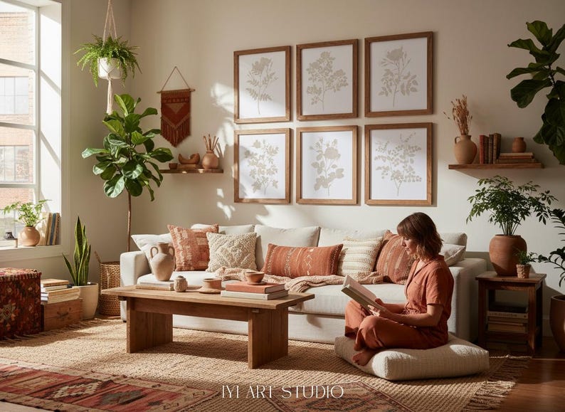 May include: A living room featuring a light-colored sofa with terracotta and cream pillows, a wooden coffee table, and six framed botanical prints on the wall. A person sits on a floor cushion reading a book. The text IYI ART STUDIO is visible.