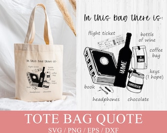 May include: A black and white tote bag design with the text "In this bag there is:" and a list of items including a flight ticket, bottle of wine, coffee bag, book, headphones, and chocolate. The design is for a tote bag.