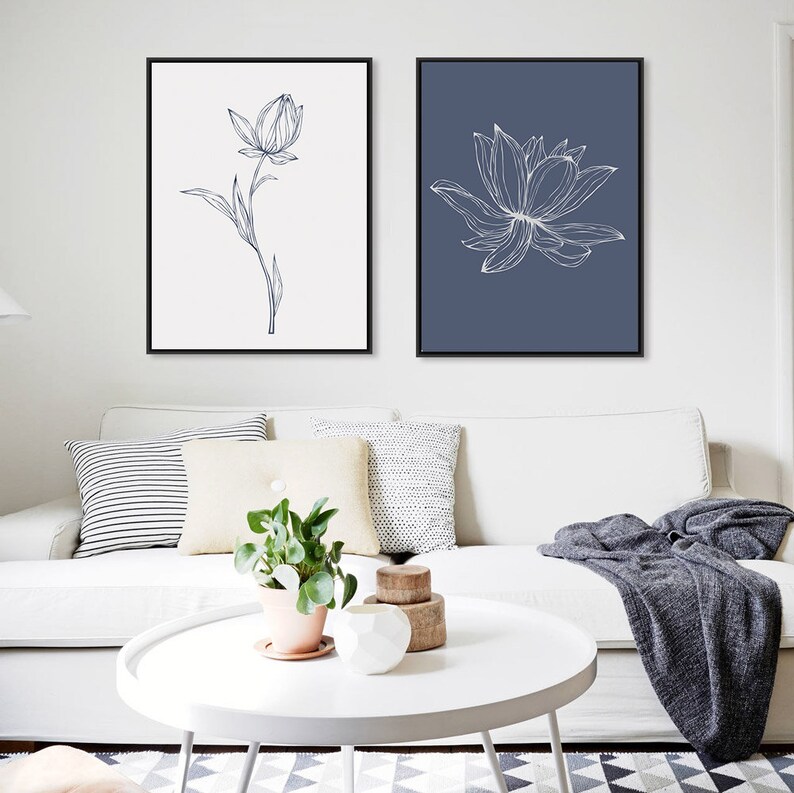 Blue White Wall Art Print Set of 2 Minimalist Flowers Line Etsy
