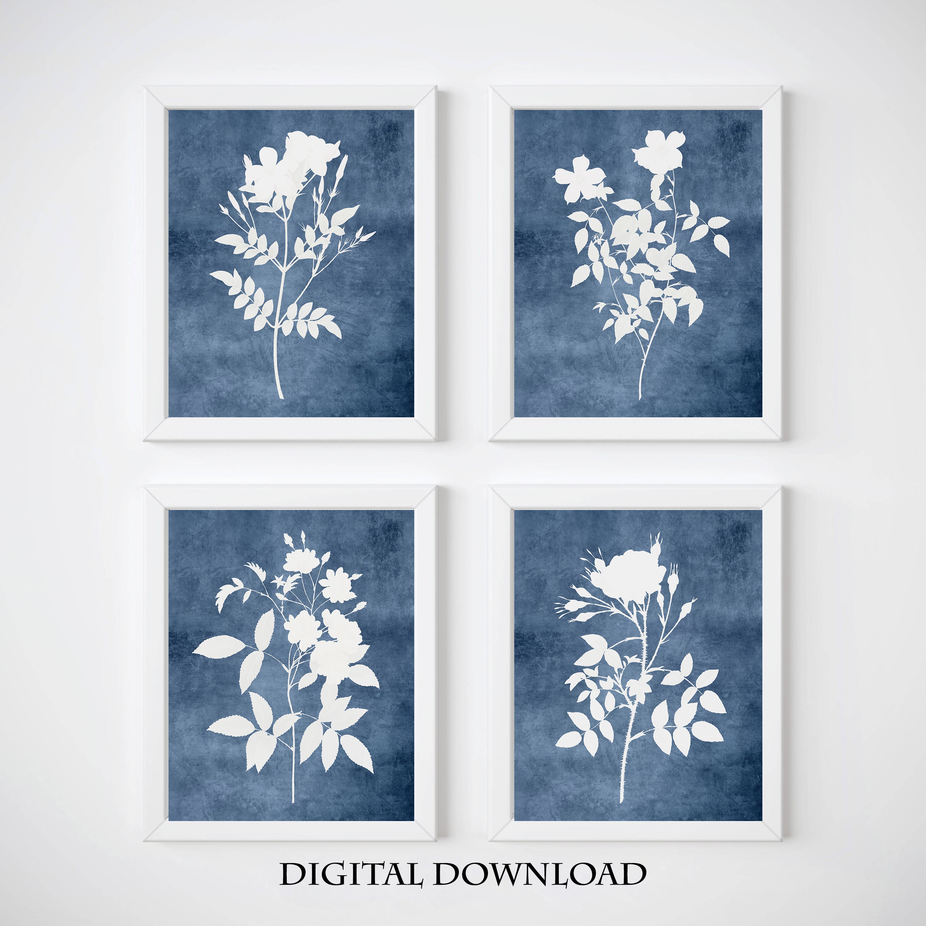 Set of 4 Prints Blue Flower Wall Art Set Navy Blue Wall Etsy