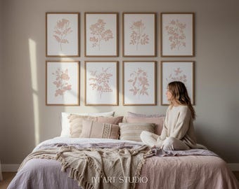 Modernes botanisches Druckset von 8: rosa Blumen Wanddeko für das Schlafzimmer Dekor