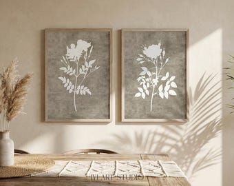 Brown Botanical Art Print Set of 2: Neutral Floral Wall Art for Farmhouse Decor