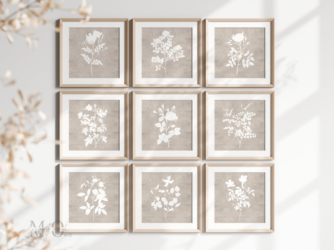 Square Printable Wall Art Set of 9, Rustic Farmhouse Floral Print ...