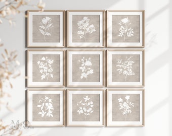 Square Printable Wall Art Set of 9, Rustic Farmhouse Floral Print, Neutral Botanical Gallery Wall Art