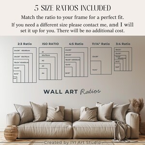 May include: A digital chart displaying 5 size ratios for wall art, including 2:3, ISO, 4:5, 11:14, and 3:4 ratios with specific dimensions in inches and centimeters. The text reads 5 SIZE RATIOS INCLUDED, WALL ART Ratios, and Created by IYI Art Studio.