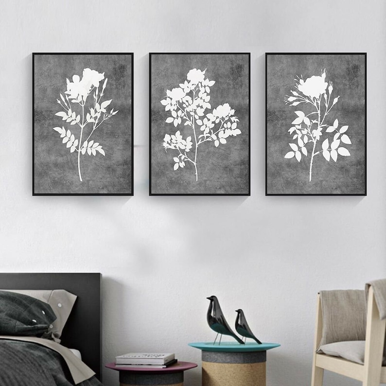 Gray Floral Print Set of 3 Wall Art Floral Printable Bedroom Etsy