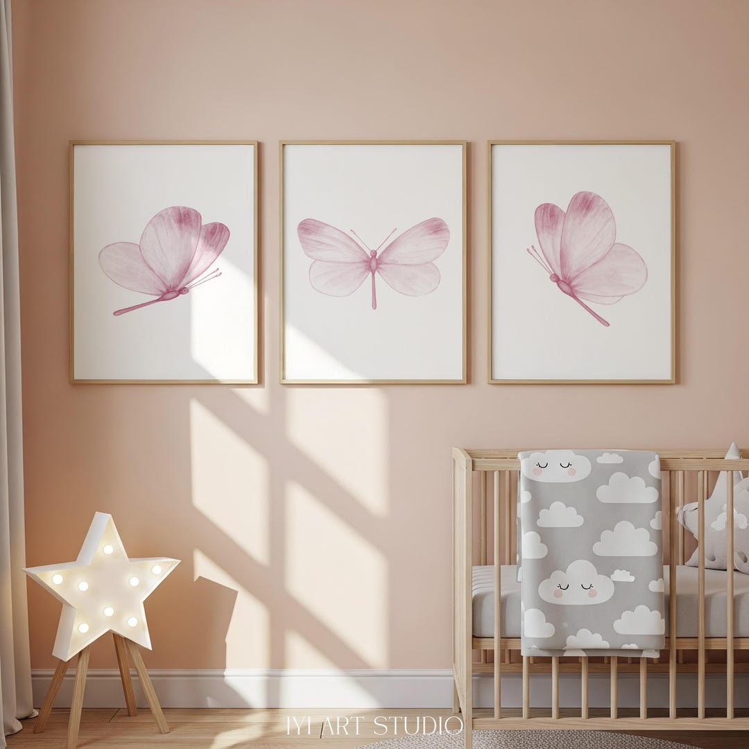 Pink Watercolor Butterfly Print Set of 3: Baby Girl Nursery Decor ...