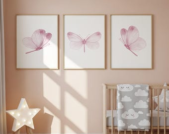 Pink Watercolor Butterfly Print Set of 3: Baby Girl Nursery Decor, Instant Download