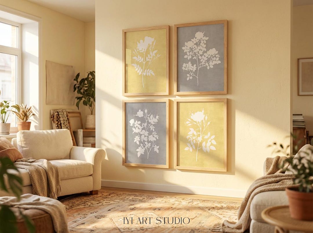 Yellow and Gray Floral Wall Art: Modern Botanical Print Set of 4 ...