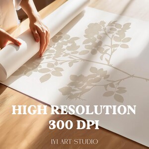 May include: A large white paper roll featuring a beige botanical illustration of a rose branch with leaves and thorns. The text HIGH RESOLUTION 300 DPI and IYI ART STUDIO is printed in white at the bottom of the paper surface.