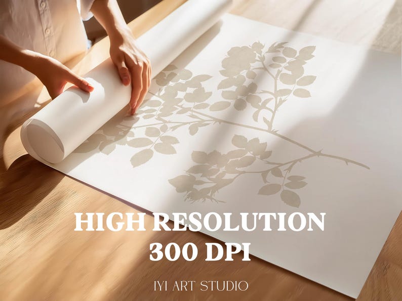 May include: A large white paper roll featuring a beige botanical illustration of a rose branch with leaves and thorns. The text HIGH RESOLUTION 300 DPI and IYI ART STUDIO is printed in white at the bottom of the paper surface.