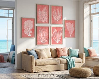 Arte de parede costeira em tons de coral: conjunto de 6 estampas de corais vermelhos para decoração de praia.