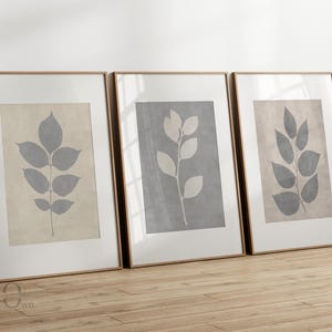 Rustic Botanical Leaves Art: Charcoal Gray Poster Set of 3 (Digital Download)