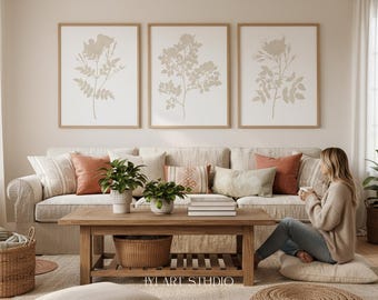 Cuadros florales neutros en color crema: Juego de 3 láminas botánicas imprimibles, decoración moderna y orgánica.