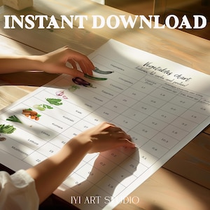 Puede incluir: Un gr&aacute;fico de verduras impreso con el texto "INSTANT DOWNLOAD" en la parte superior. El gr&aacute;fico enumera varias verduras con informaci&oacute;n nutricional. El gr&aacute;fico est&aacute; sobre una mesa de madera y se ven manos cerca del gr&aacute;fico.