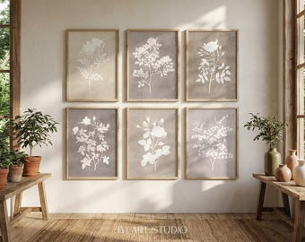 6er Set Florale Bilder: Warme, neutrale botanische Drucke für das Wohnzimmer
