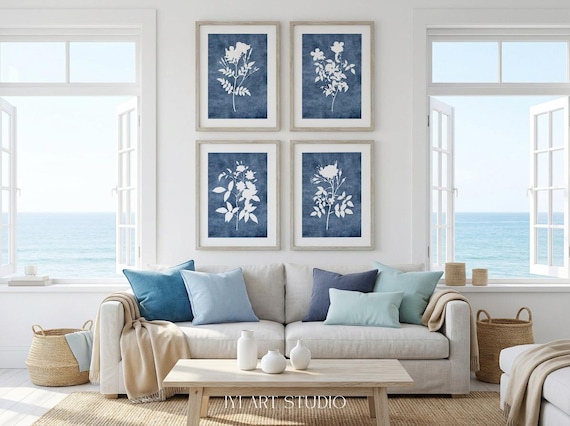 Navy Flower Print Set of 4: Blue Watercolor Poster, Botanical Wall Art