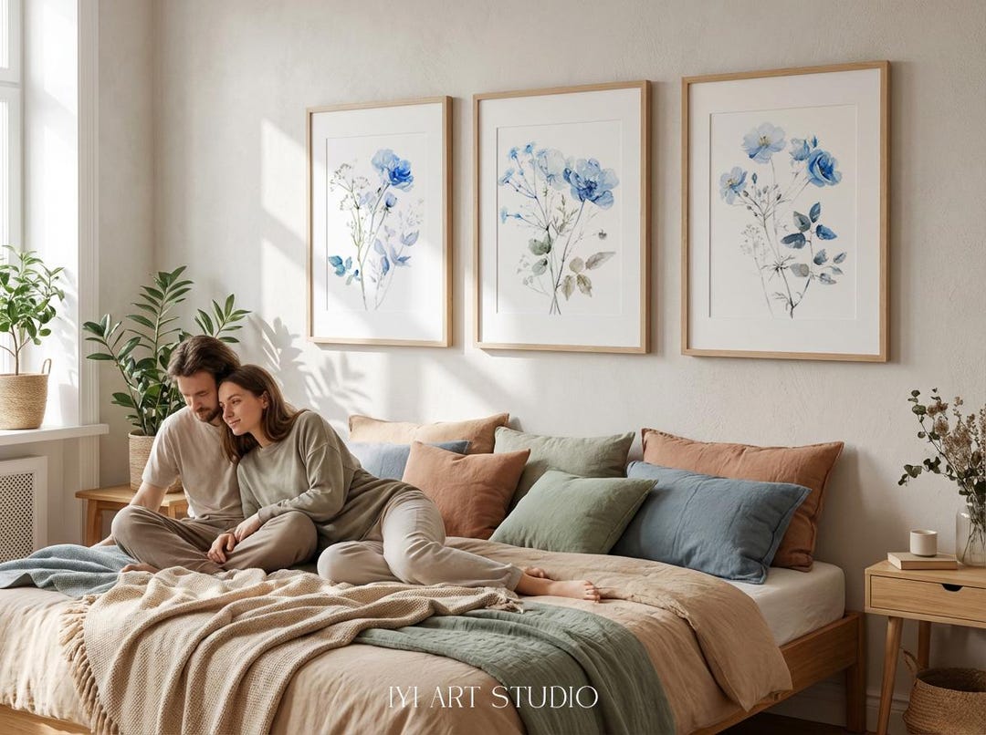 Blue Botanical Wall Art Set of 3: Watercolor Floral Poster for Modern ...