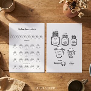 May include: Two white kitchen conversion charts with black text on a wooden surface. One chart lists oven temperatures and ingredient conversions for flour, sugar, butter, and milk. The other chart shows liquid measurements, including gallons, quarts, pints, cups, and tablespoons.