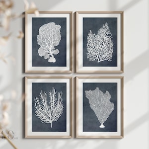 Indigo Wall Art, Blaue Koralle Poster, Maritime Wanddekoration, Strandhaus Kunstwerk, Aquarell Kunstdruck