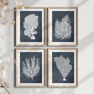 Dark Blue Coral Wall Art, Modern Beach House Decor, Coral Print Set of 4, Beach House Poster