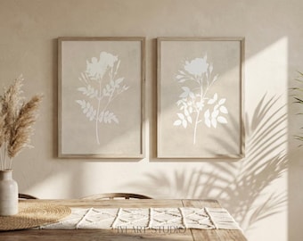 Neutral Beige Floral Print Set of 2: Botanical Minimalist Decor, Modern Cream Wall Art