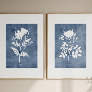 Blue Floral Wall Art, Blue Bedroom Artwork, Botanical Print Set of 2, Modern Flower Pictures