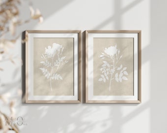 Neutral Wall Art Set of 2, Flower Printable Artwork, Beige Floral Print, Botanical Poster