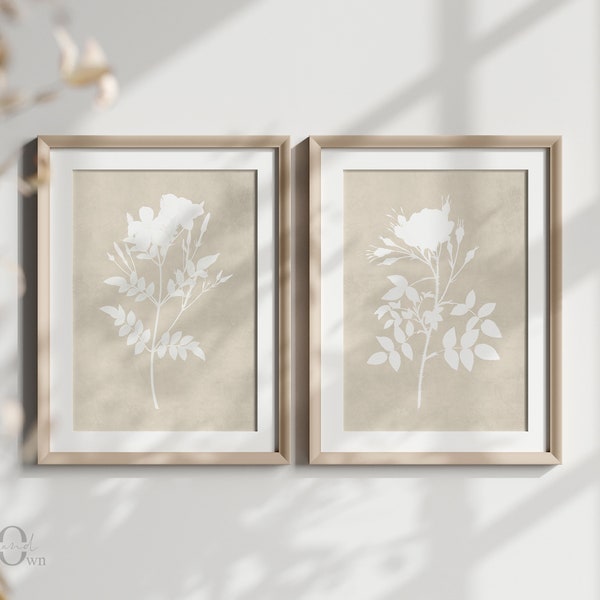 Neutral Wall Art Set of 2, Flower Printable Artwork, Beige Floral Print, Botanical Poster