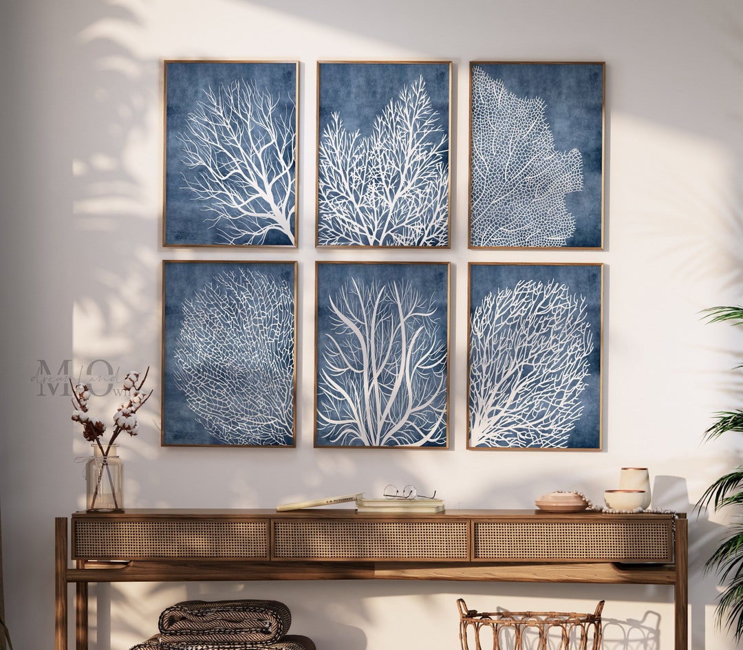 Blue Coral Wall Art, Marine Print Set of 6, Sea Coral Dowloadable