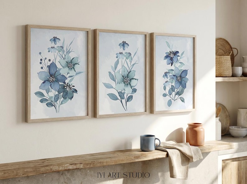 Blue Watercolor Floral Wall Art: Botanical Print Set of 3 for Modern ...
