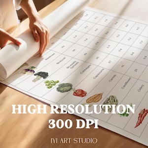 Puede incluir: Una impresi&oacute;n enrollada con una cuadr&iacute;cula que muestra ilustraciones de verduras y datos num&eacute;ricos. La impresi&oacute;n incluye im&aacute;genes de remolacha, br&oacute;coli, coles de Bruselas, repollo, pimientos, zanahorias, coliflor, apio y chiles. El texto dice "HIGH RESOLUTION 300 DPI IYI ART STUDIO."