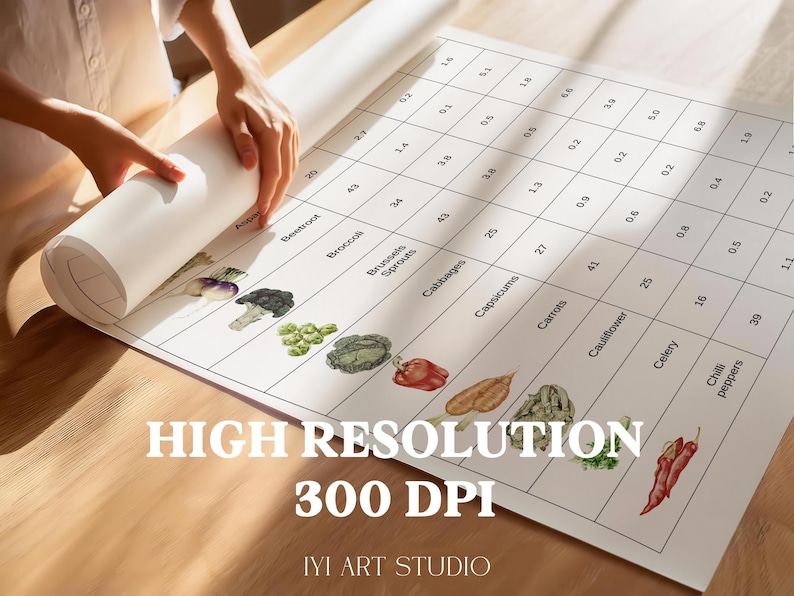 Puede incluir: Una impresi&oacute;n enrollada con una cuadr&iacute;cula que muestra ilustraciones de verduras y datos num&eacute;ricos. La impresi&oacute;n incluye im&aacute;genes de remolacha, br&oacute;coli, coles de Bruselas, repollo, pimientos, zanahorias, coliflor, apio y chiles. El texto dice "HIGH RESOLUTION 300 DPI IYI ART STUDIO."