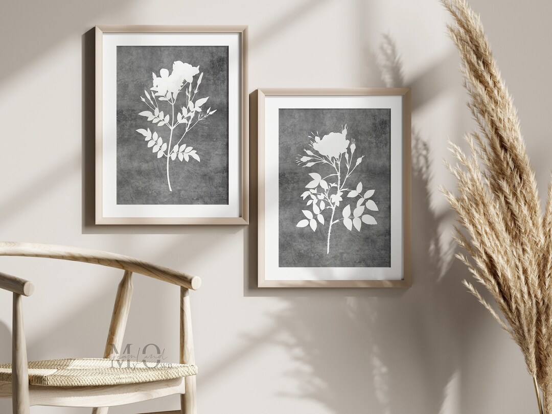 Gray Wall Art Set of 2, Printable Watercolor Flower Art, Gray Botanical ...