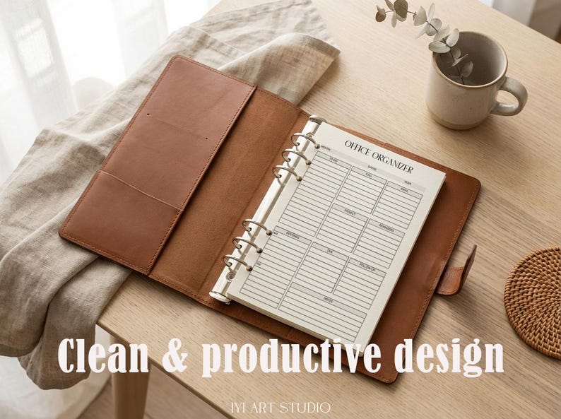 May include: A tan leather binder with a six-ring metal mechanism holding white paper inserts. The top page features the text OFFICE ORGANIZER with columns for date, time, task, project, priority, and notes. The cover has interior pockets.