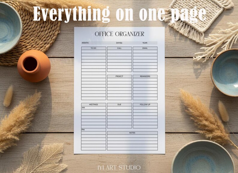 May include: A white paper office organizer planner sheet with black grid lines and text headers including To Do, Call, Email, Project, Reminders, Meetings, Due, Follow Up, and Notes. The top of the page reads Office Organizer.