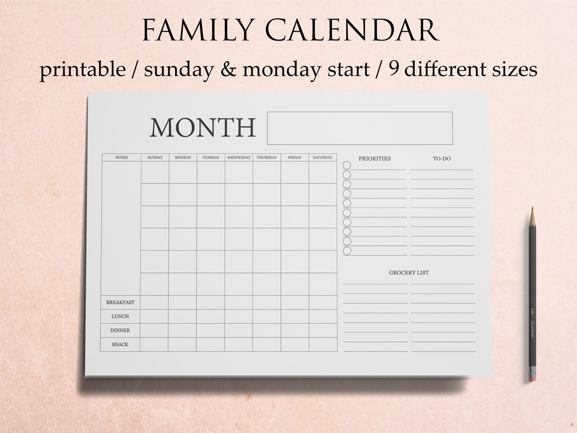 Family Calendar Printable Family Planning Wall Calendar - Etsy