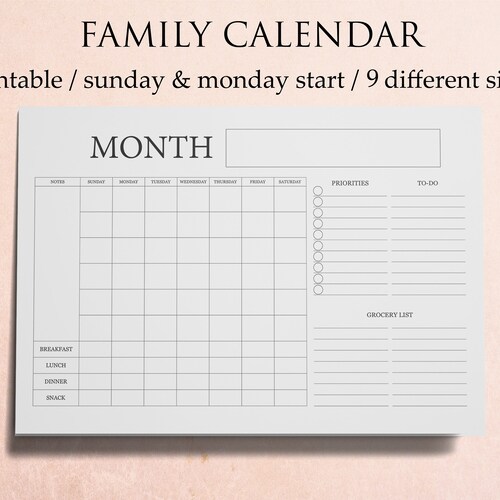 Family Calendar Printable Family Planning Wall Calendar - Etsy