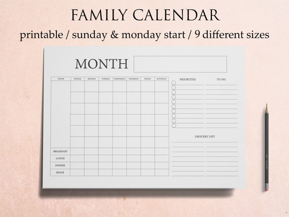 Family Calendar Printable Family Planning Wall Calendar - Etsy
