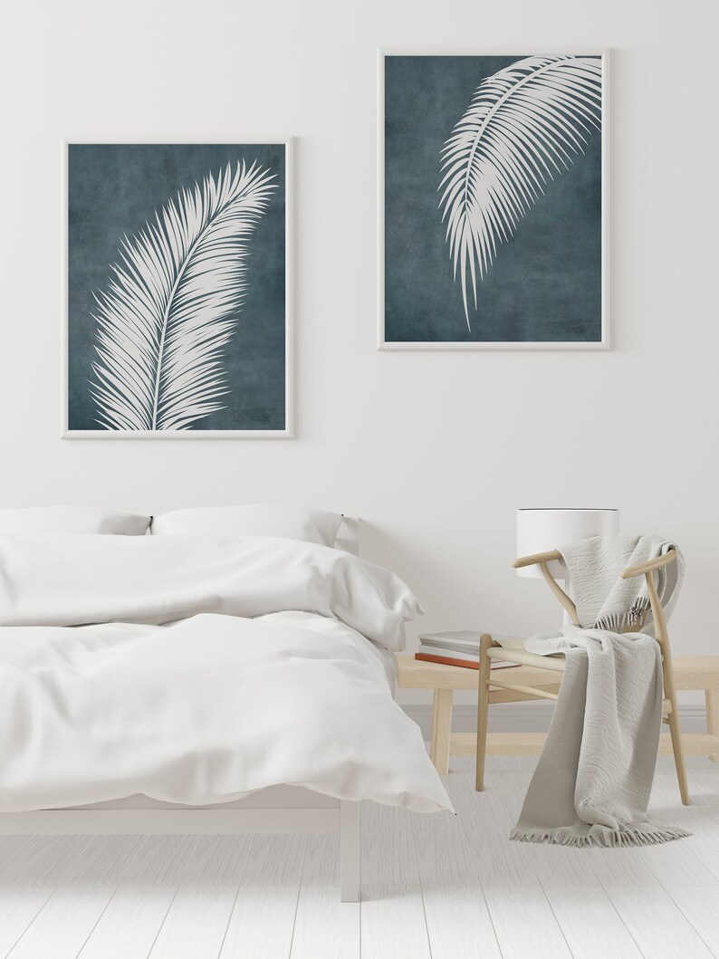 Blue Palm Leaf Wall Art Print Set of 2 Tropical Wall Art Etsy