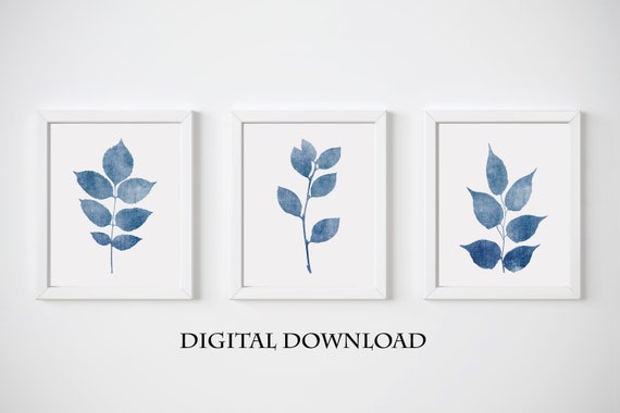 Blue Leaves Print Set of 3 Blue Living Room Wall Decor | Etsy