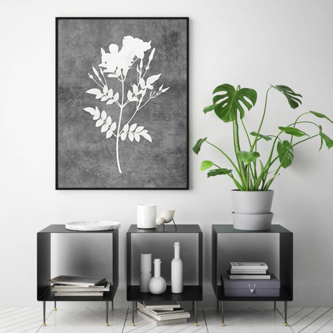 Dark Gray Wall Art Print Flowers Printable Set of 6 Gray Etsy